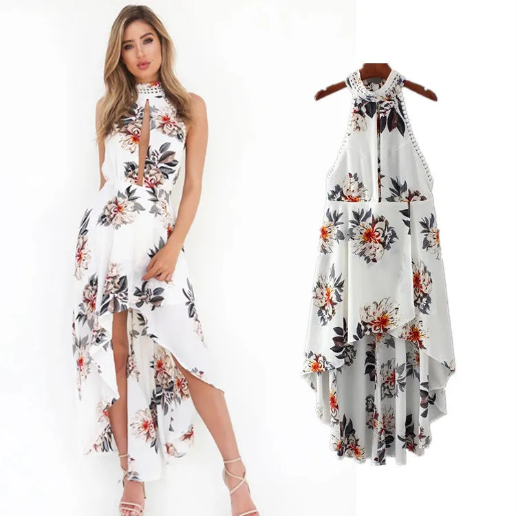 Floral Hollow Sleeveless Open Back High Low  Dress