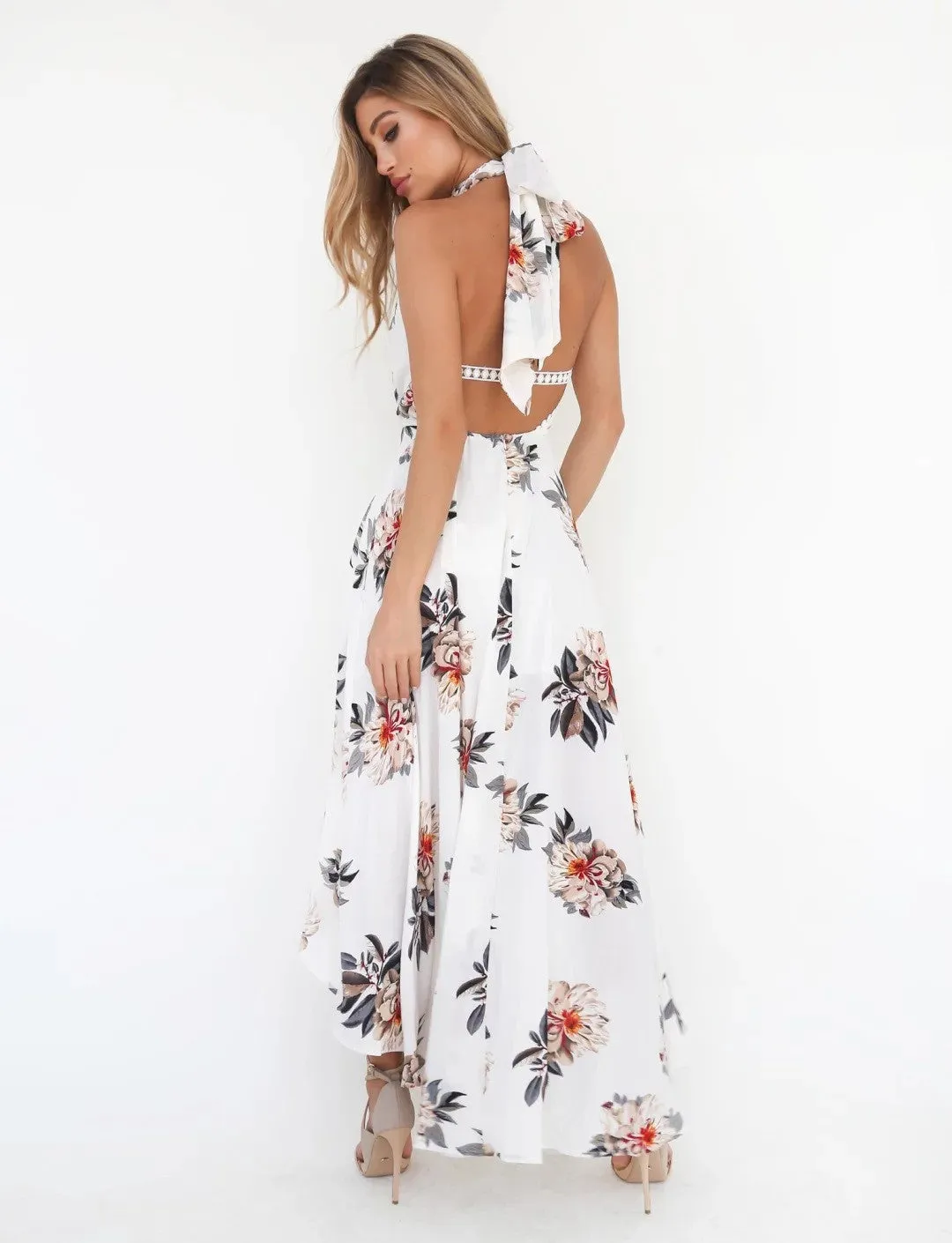 Floral Hollow Sleeveless Open Back High Low  Dress