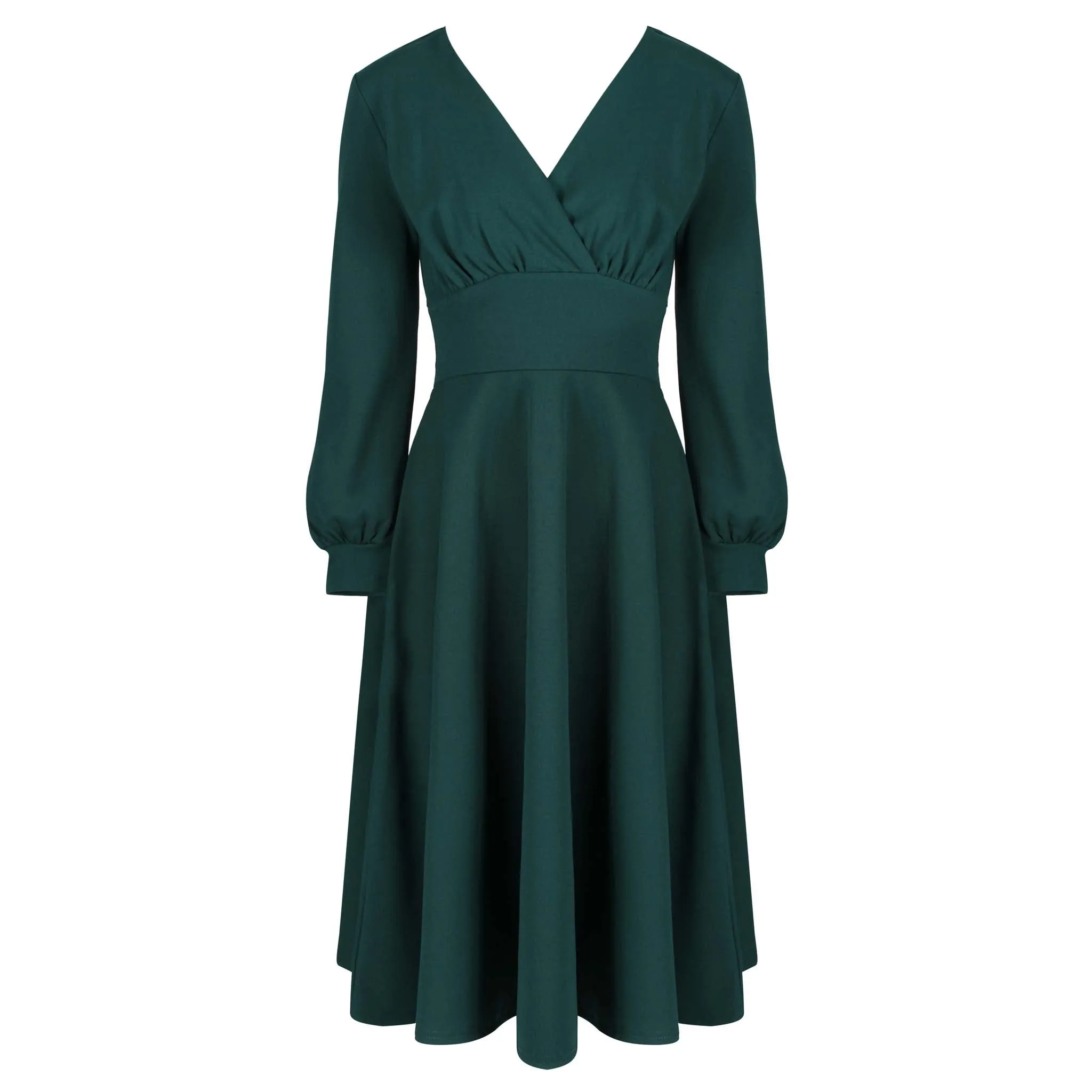 Forest Green Long Sleeve A Line Vintage Crossover Tea Swing Dress