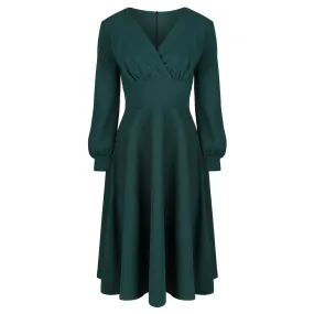 Forest Green Long Sleeve A Line Vintage Crossover Tea Swing Dress