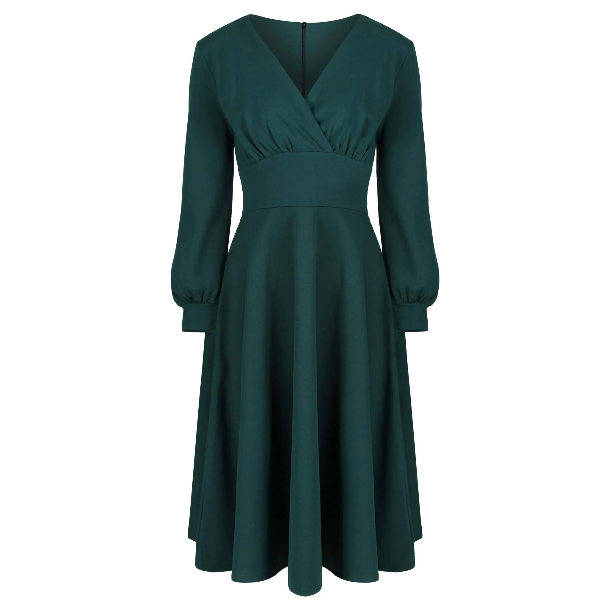 Forest Green Long Sleeve A Line Vintage Crossover Tea Swing Dress