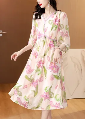 French V Neck Print Silk Dresses Lantern Sleeve BB013