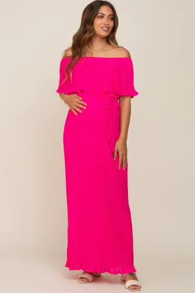 Fuchsia Pleated Off Shoulder Maternity Maxi Dress