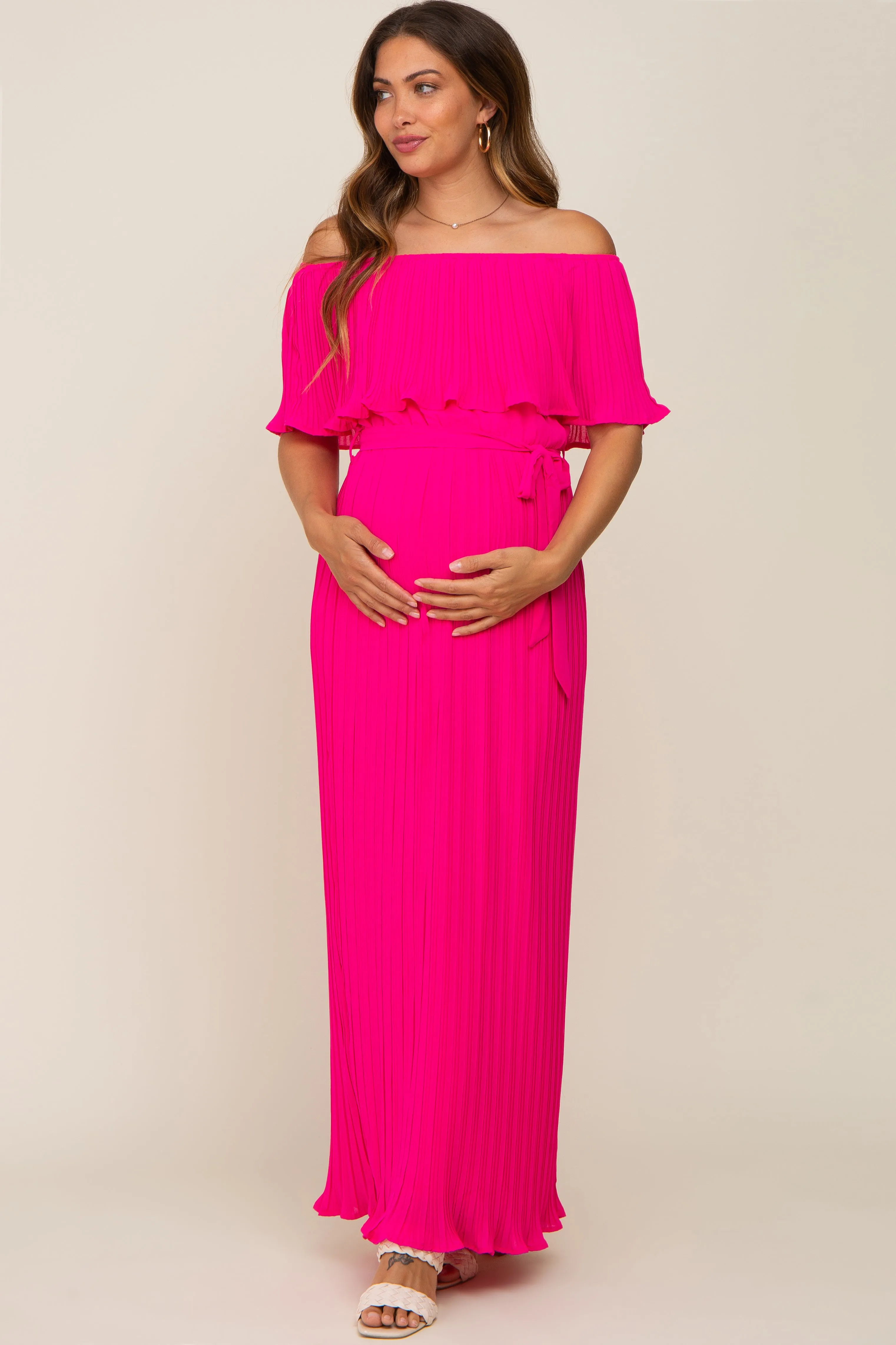 Fuchsia Pleated Off Shoulder Maternity Maxi Dress