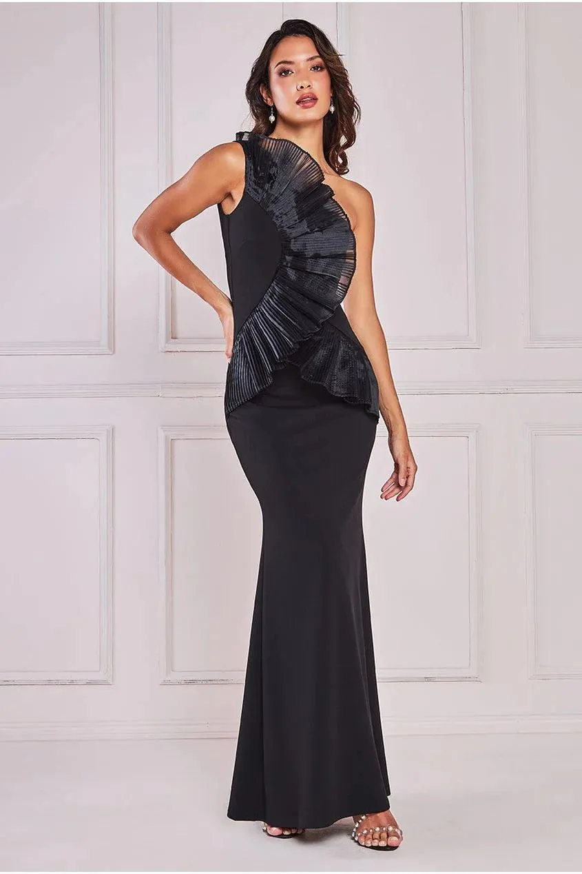 Goddiva One Shoulder Pleated Fan Maxi Dress