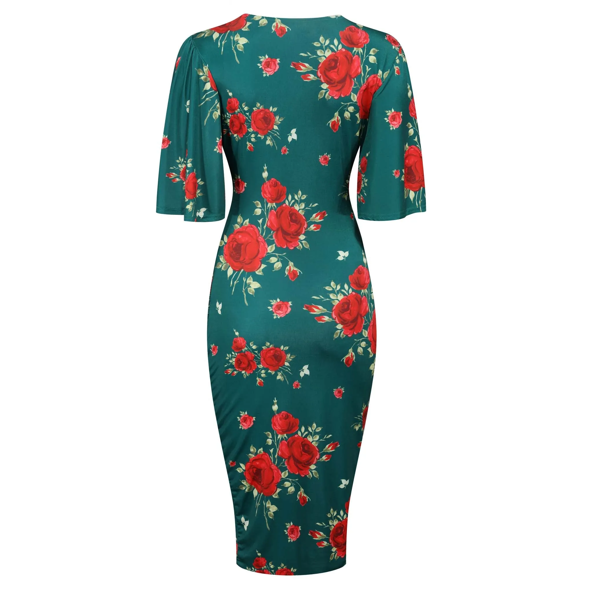 Green And Red Floral Print Butterfly Sleeve Slinky Pencil Cocktail Dress