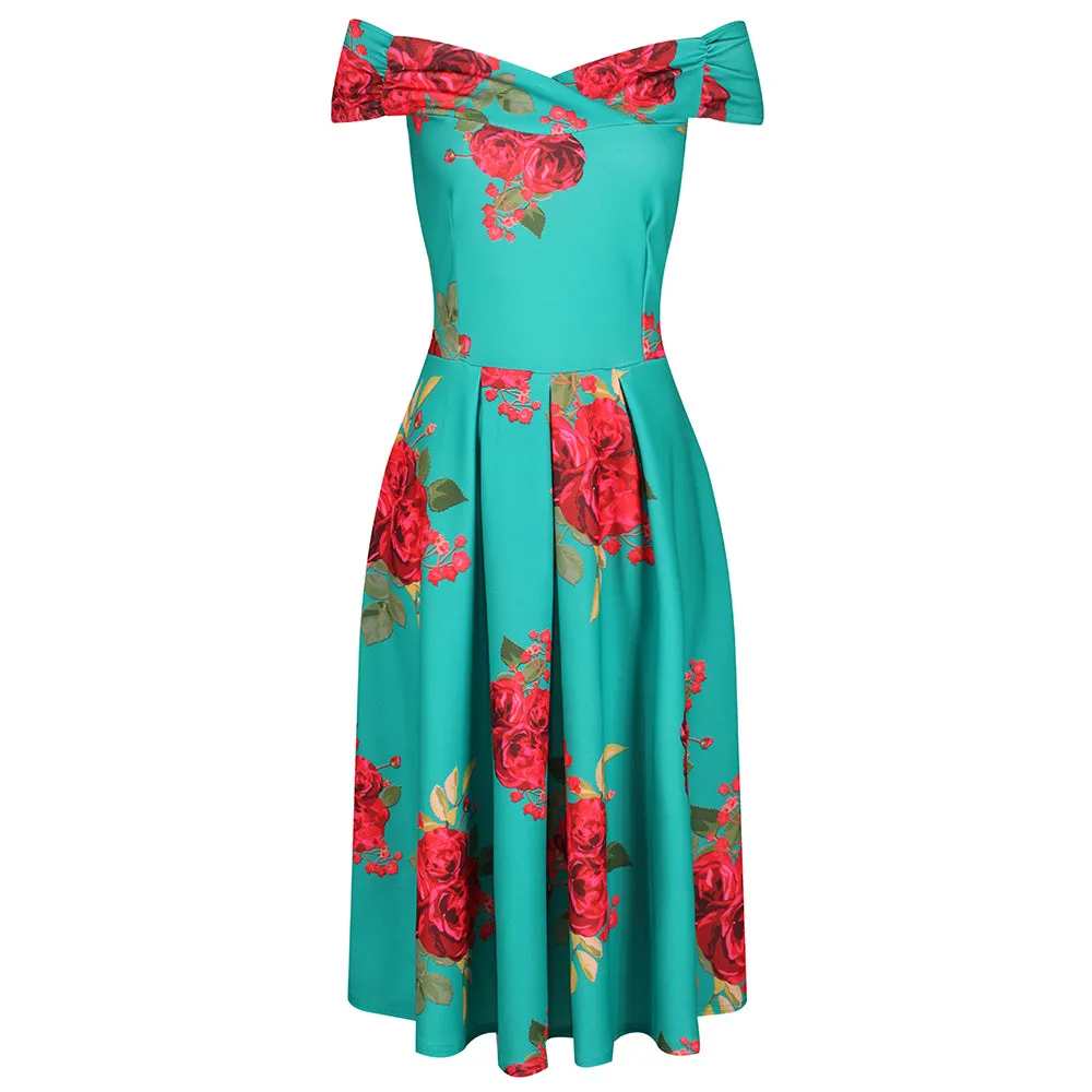 Green Red Rose Print Bardot 50s Swing Dress