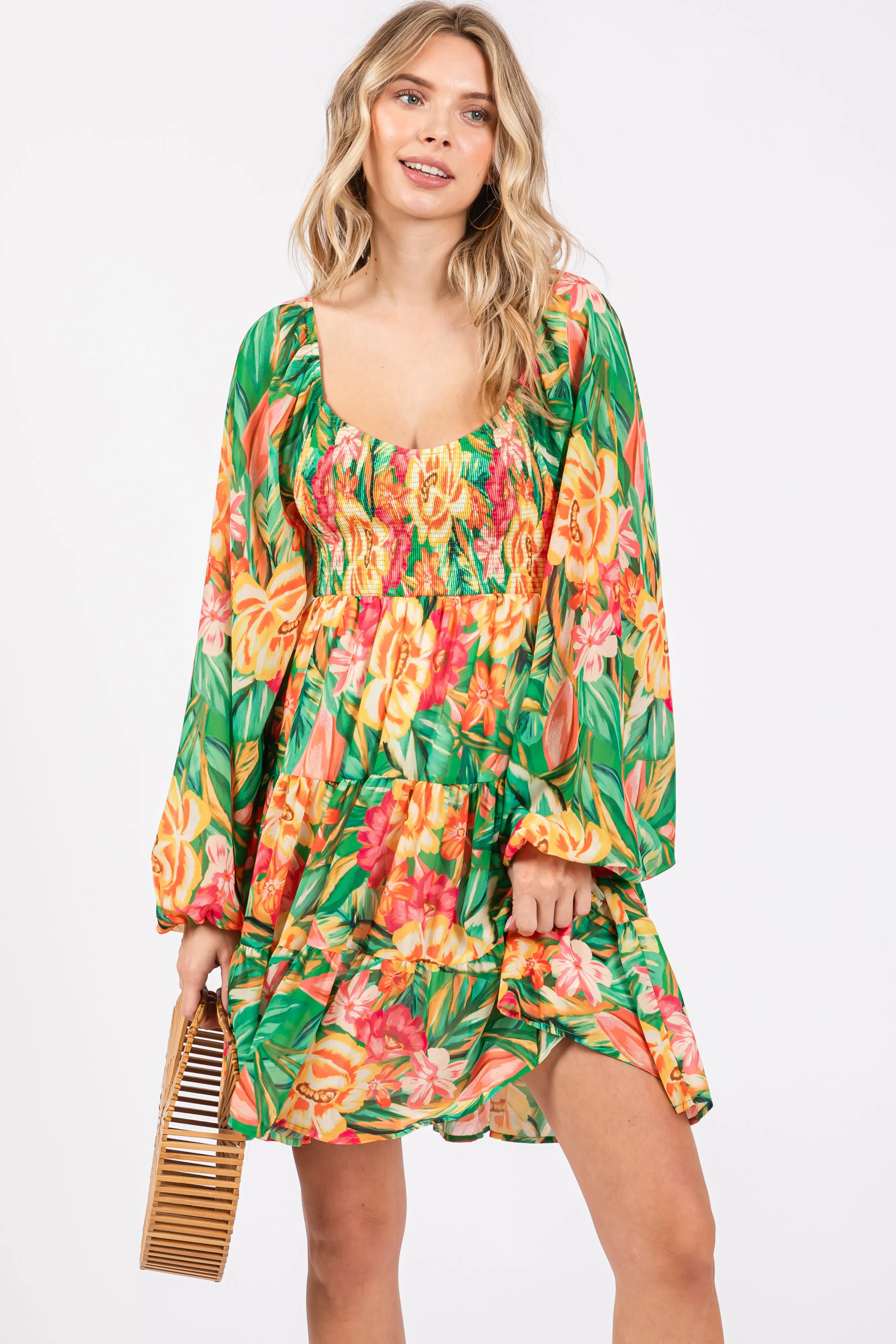 Green Tropical Floral Smocked V-Neck Maternity Midi Dress