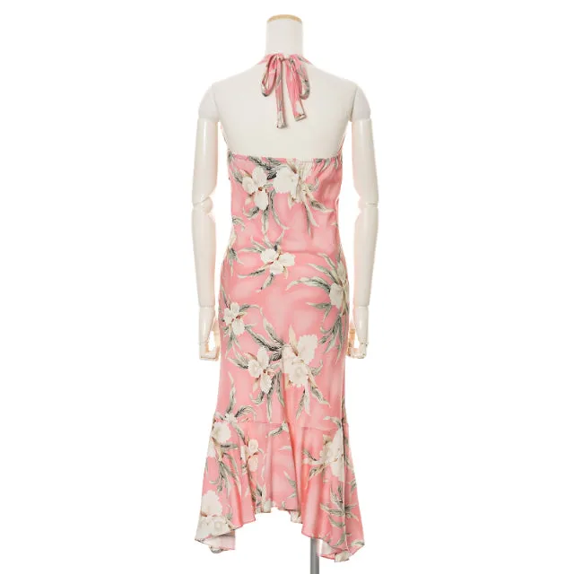 Halter Mid Length Pink Orchid Hawaiian Dress