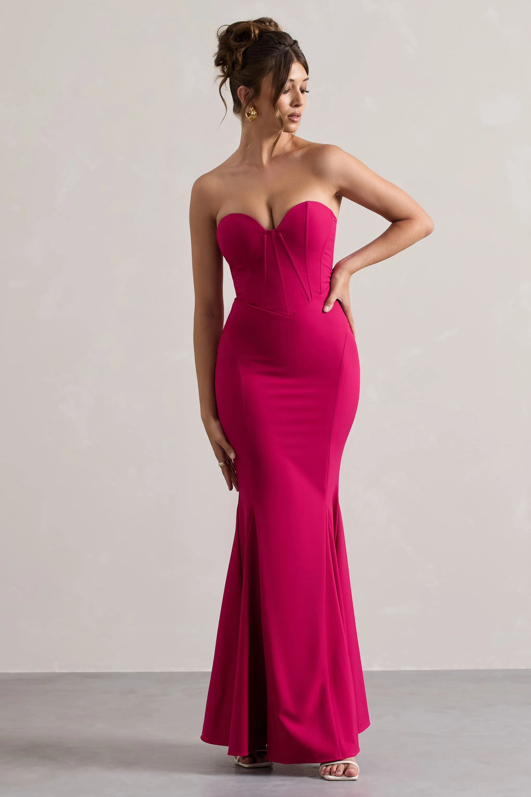 Idyllic | Hot Pink Strapless Corset Style Fishtail Maxi Dress