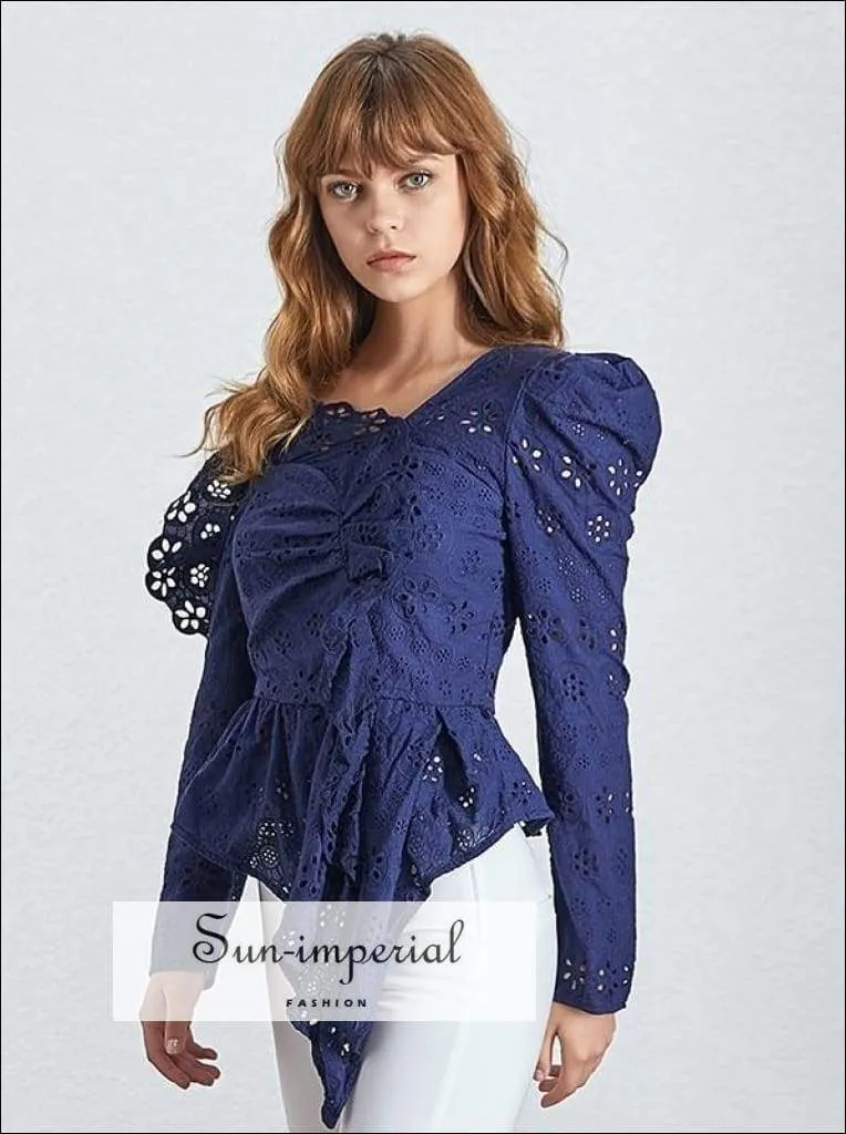 Jerri top - Lace Patchwork Women Blouse Puff Sleeve One Shoulder Perspective Slim Irregular