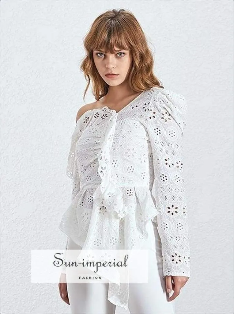 Jerri top - Lace Patchwork Women Blouse Puff Sleeve One Shoulder Perspective Slim Irregular