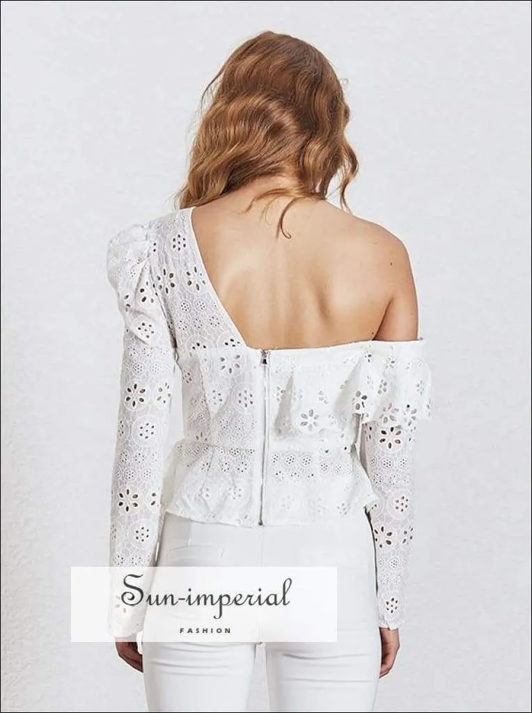 Jerri top - Lace Patchwork Women Blouse Puff Sleeve One Shoulder Perspective Slim Irregular