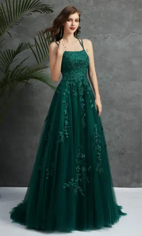 Lace Appliques Prom Dresses Long Sleeveless Custom Formal Evening Party Gowns ER2070