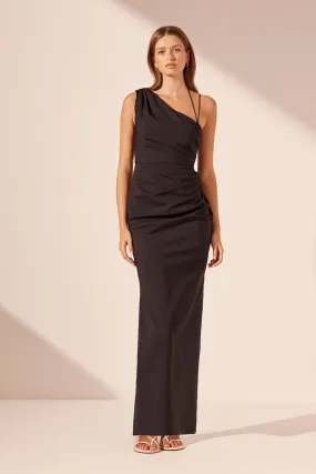 LANI ASYMMETRICAL GATHERED MAXI DRESS - BLACK