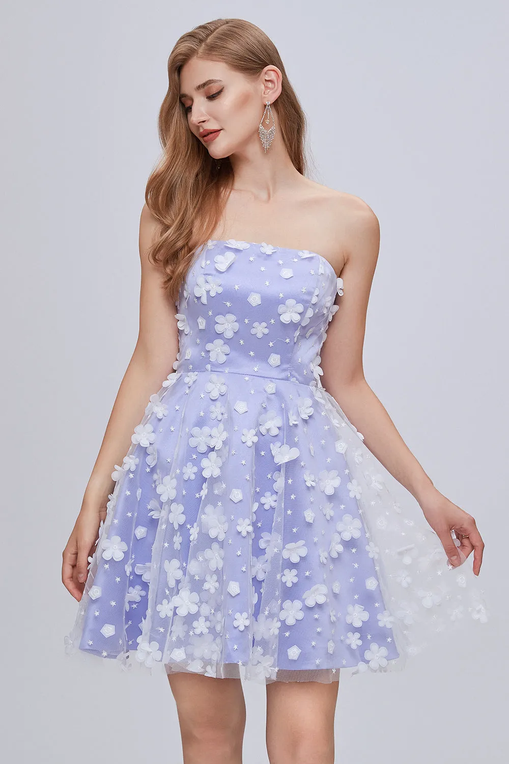 Lilac Strapless A Line Lace Appliques Short Homecoming Dresses