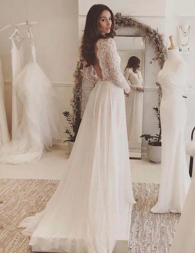 Long Sleeve Wedding Dress Chiffon Lace VNeck Wedding Dress #ER161