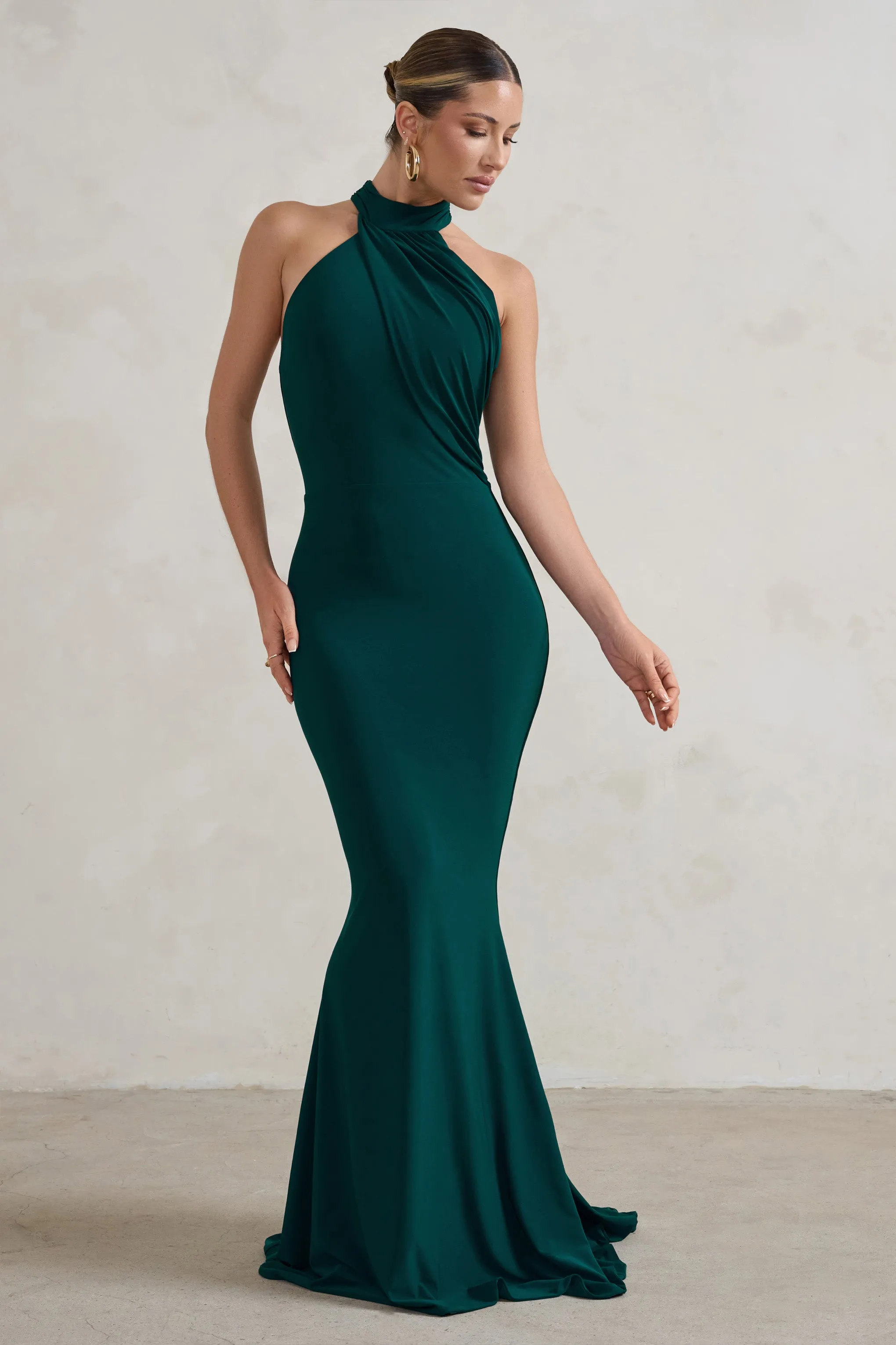 Marion | Green High Neck Maxi Dress With Statement Train