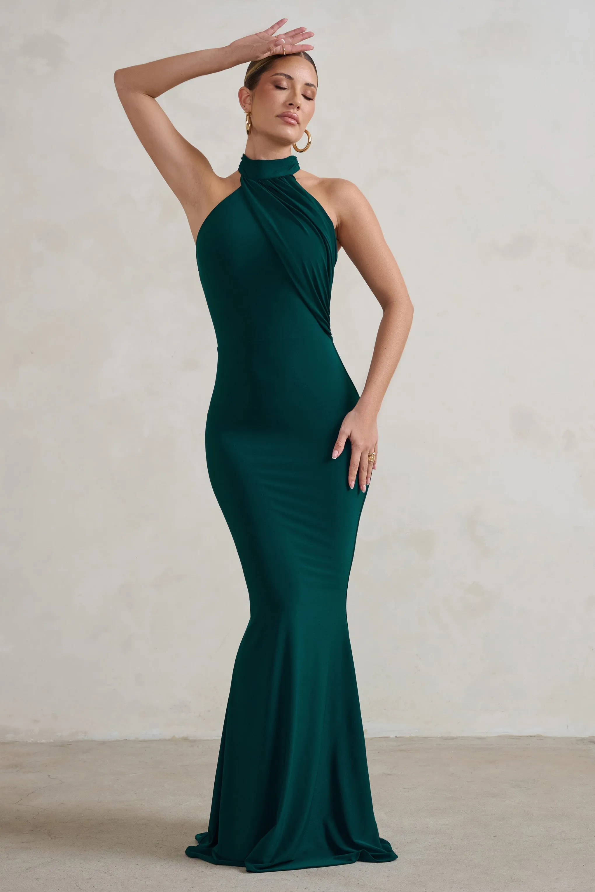 Marion | Green High Neck Maxi Dress With Statement Train