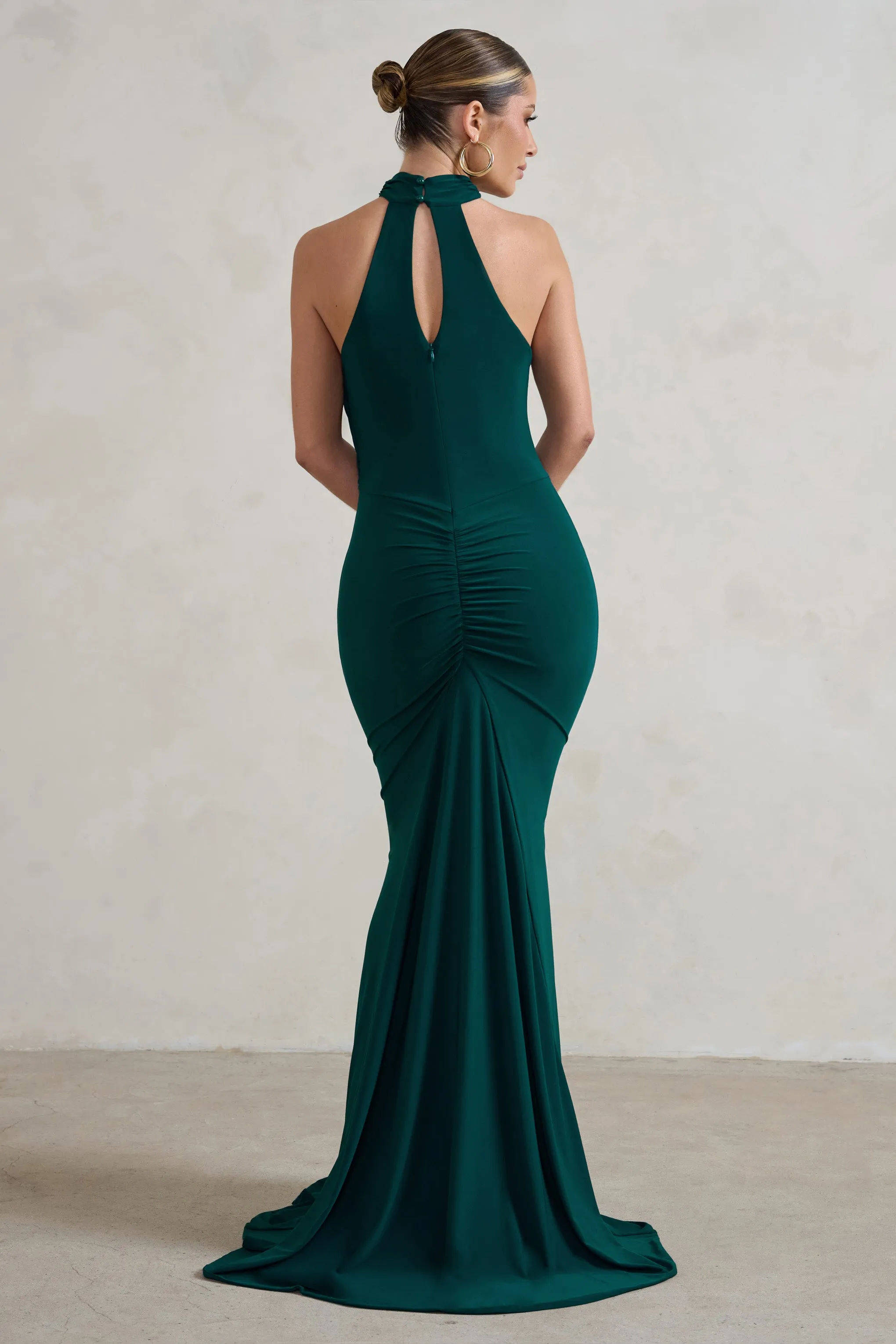 Marion | Green High Neck Maxi Dress With Statement Train