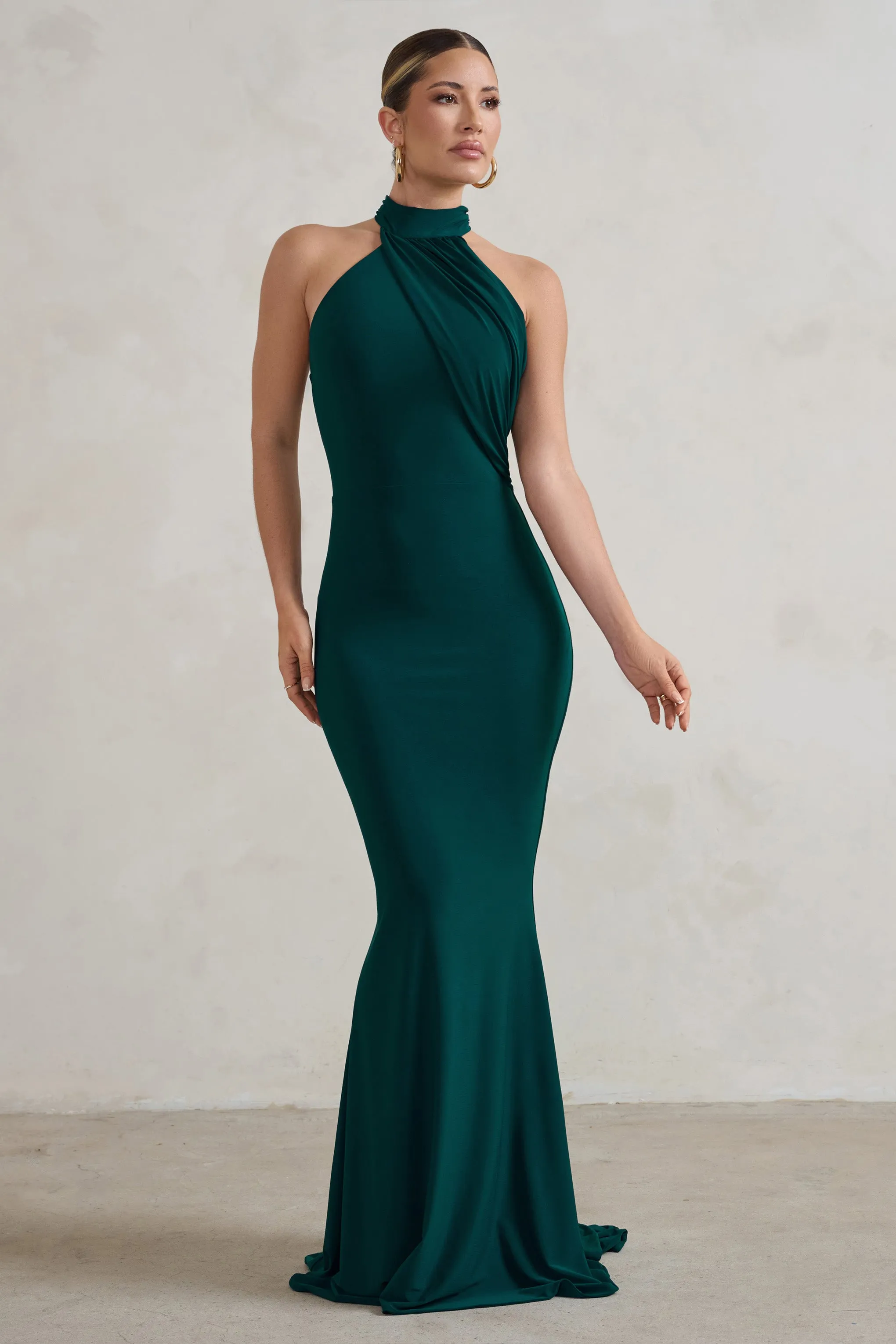 Marion | Green High Neck Maxi Dress With Statement Train