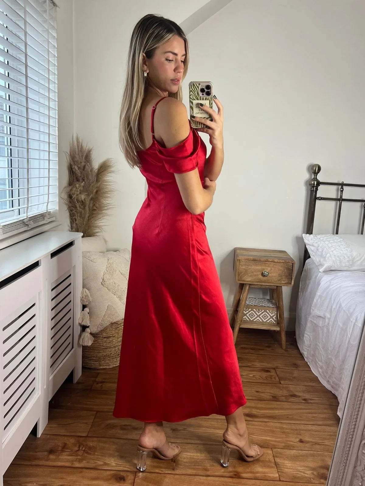 Melanie Cold Shoulder Midi Slip Dress / Red