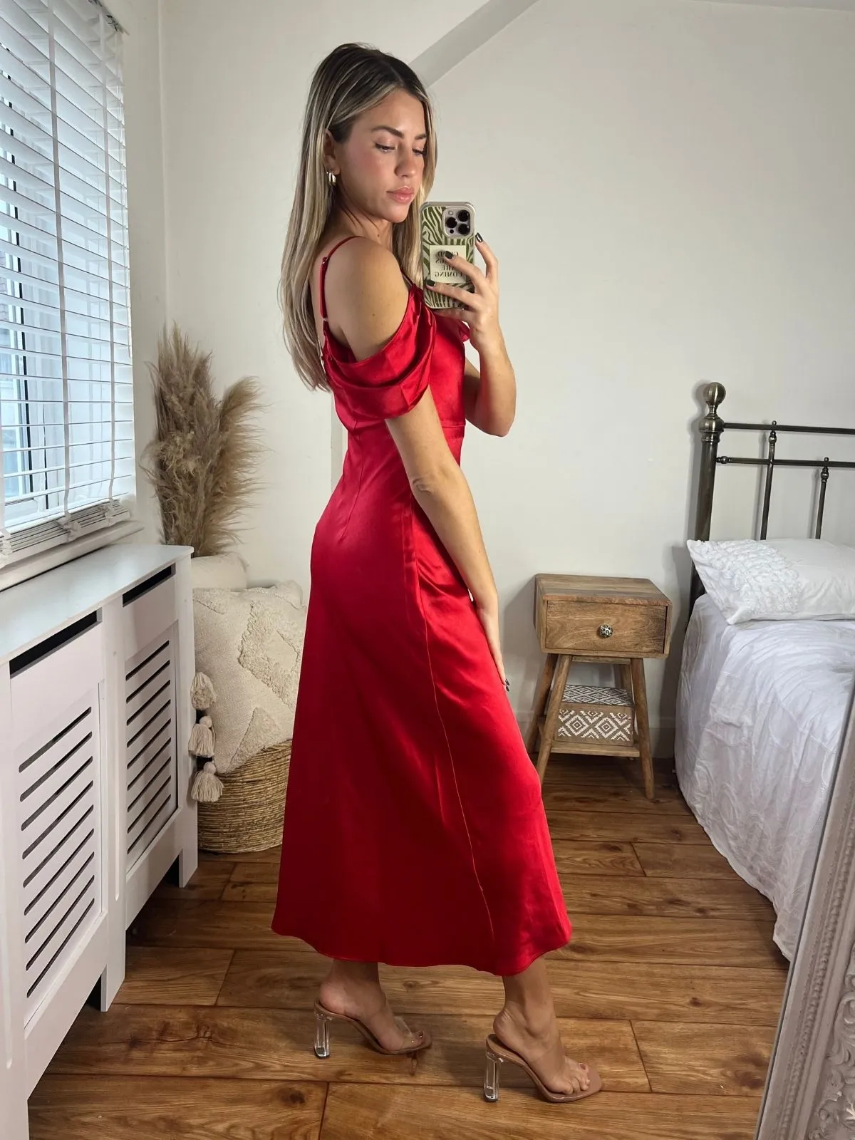 Melanie Cold Shoulder Midi Slip Dress / Red