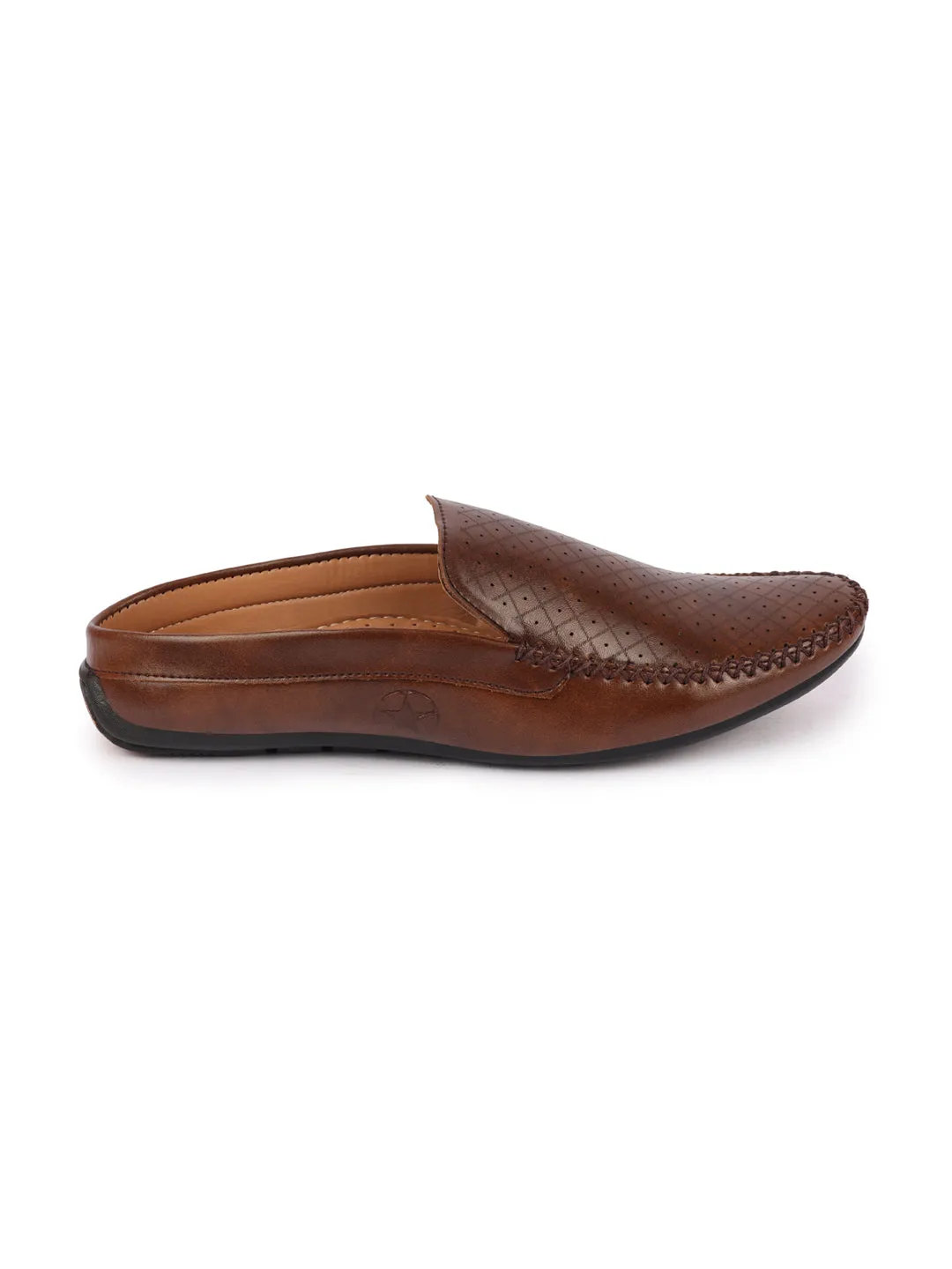 Men Brown Stitched Block Design Pattern Back Open Slip On Loafer Shoes