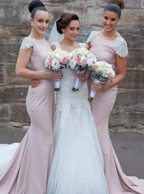 Mermaid Bridesmaid Dress - Pink Bateau Sweep Train Cap Sleeves