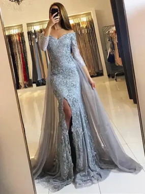 Mermaid Silver Prom Dress Lace Long Sleeve Prom Dress #ER147