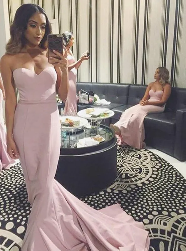 Mermaid Sweetheart Pink Satin Long Bridesmaid Dress