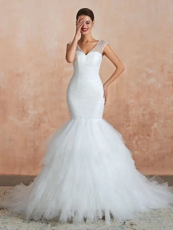 Mermaid Wedding Dress 2021 Beaded V Neck Sleeveless Bridal Gowns With Train