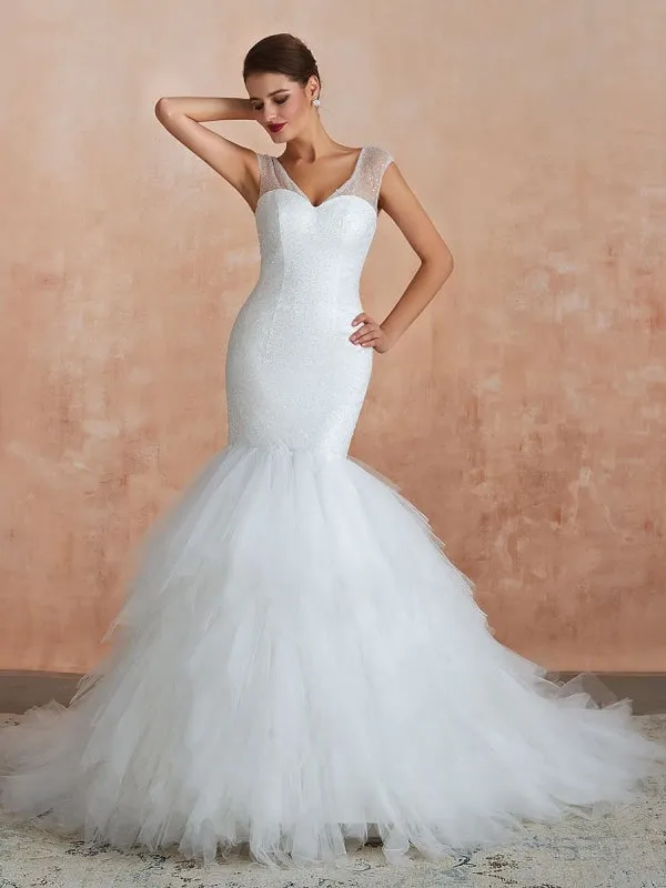 Mermaid Wedding Dress 2021 Beaded V Neck Sleeveless Bridal Gowns With Train