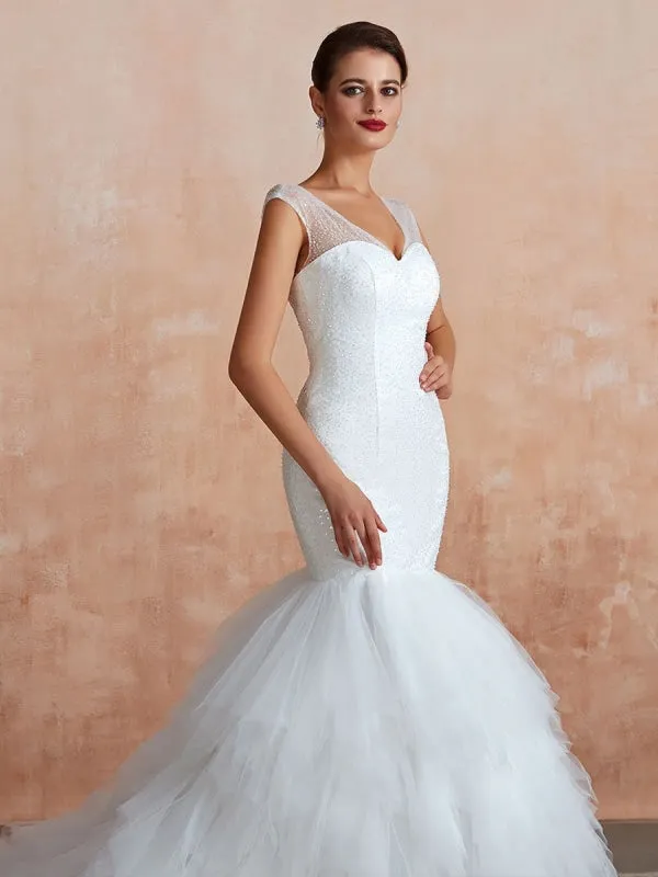 Mermaid Wedding Dress 2021 Beaded V Neck Sleeveless Bridal Gowns With Train