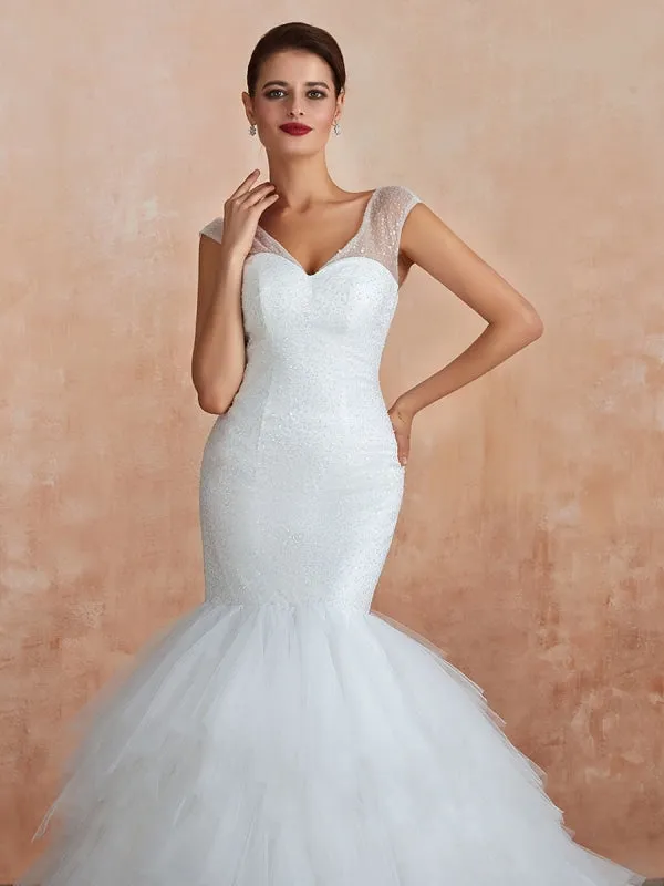 Mermaid Wedding Dress 2021 Beaded V Neck Sleeveless Bridal Gowns With Train