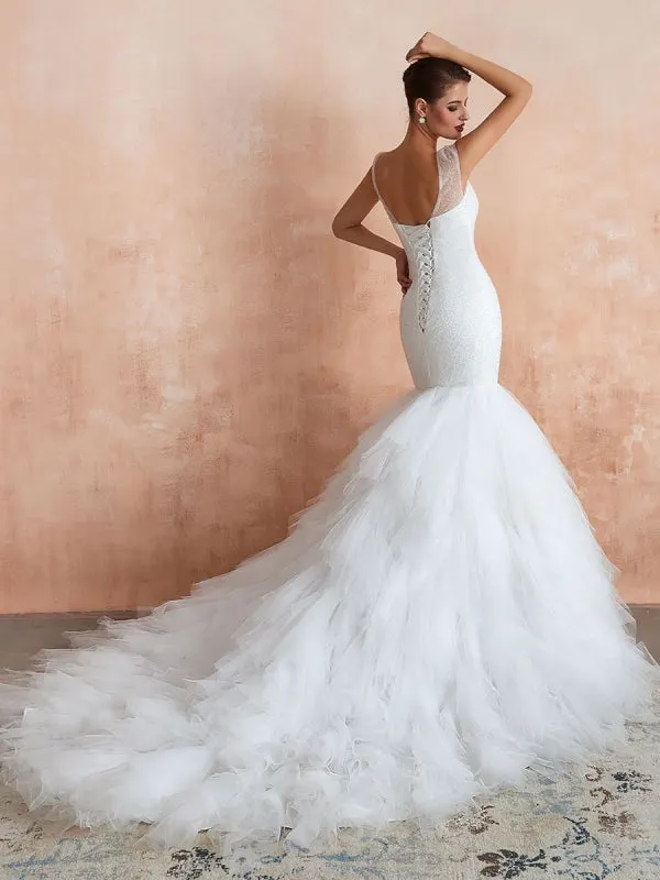 Mermaid Wedding Dress 2021 Beaded V Neck Sleeveless Bridal Gowns With Train