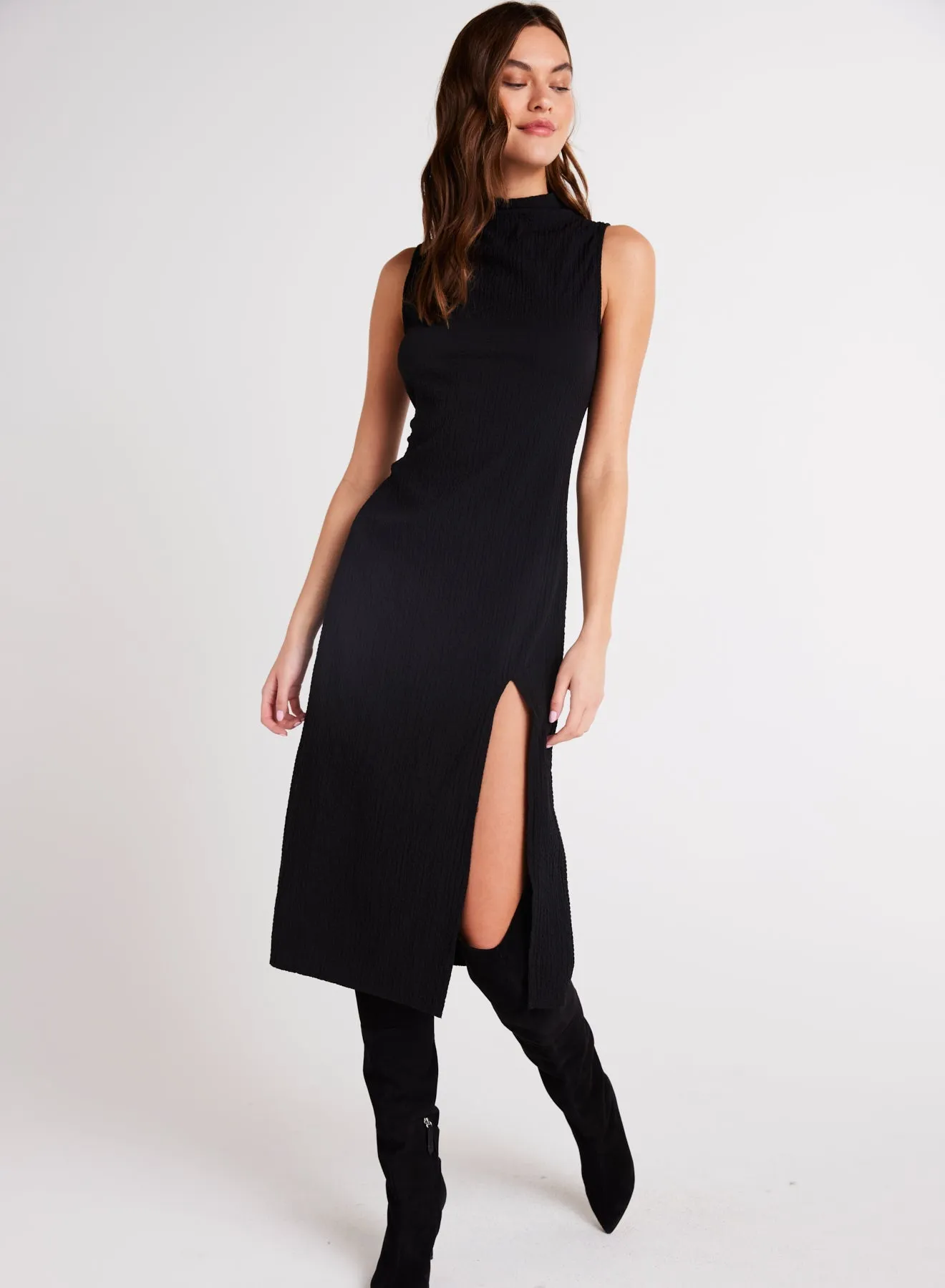 Mock Neck Midi Dress - Black