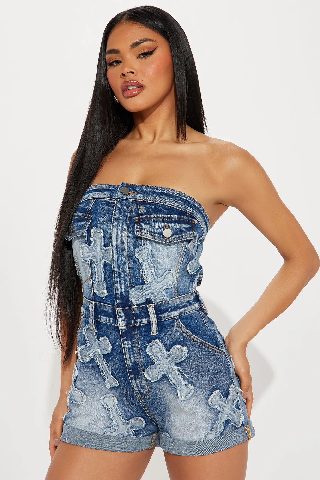 Never Cross Me Denim Romper - Medium Wash