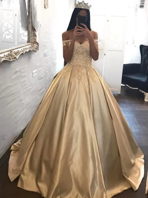 Off The Shoulder Ball Gown Prom Dress Vintage Short Sleeve Prom Dress #ER293