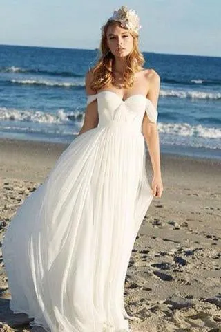 Off-the-Shoulder Empire Pleated White Sweetheart Backless Chiffon Beach Wedding Dress