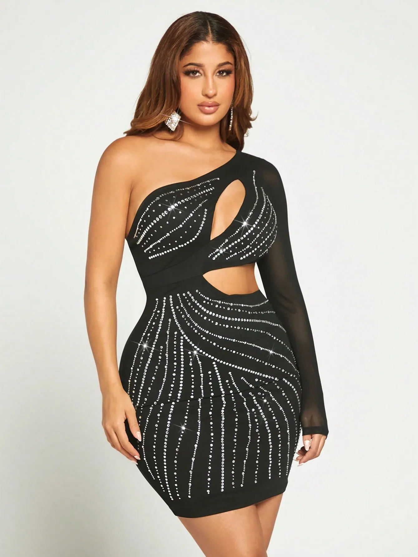 One Shoulder Cut Out Rhinestone Bodycon Dress