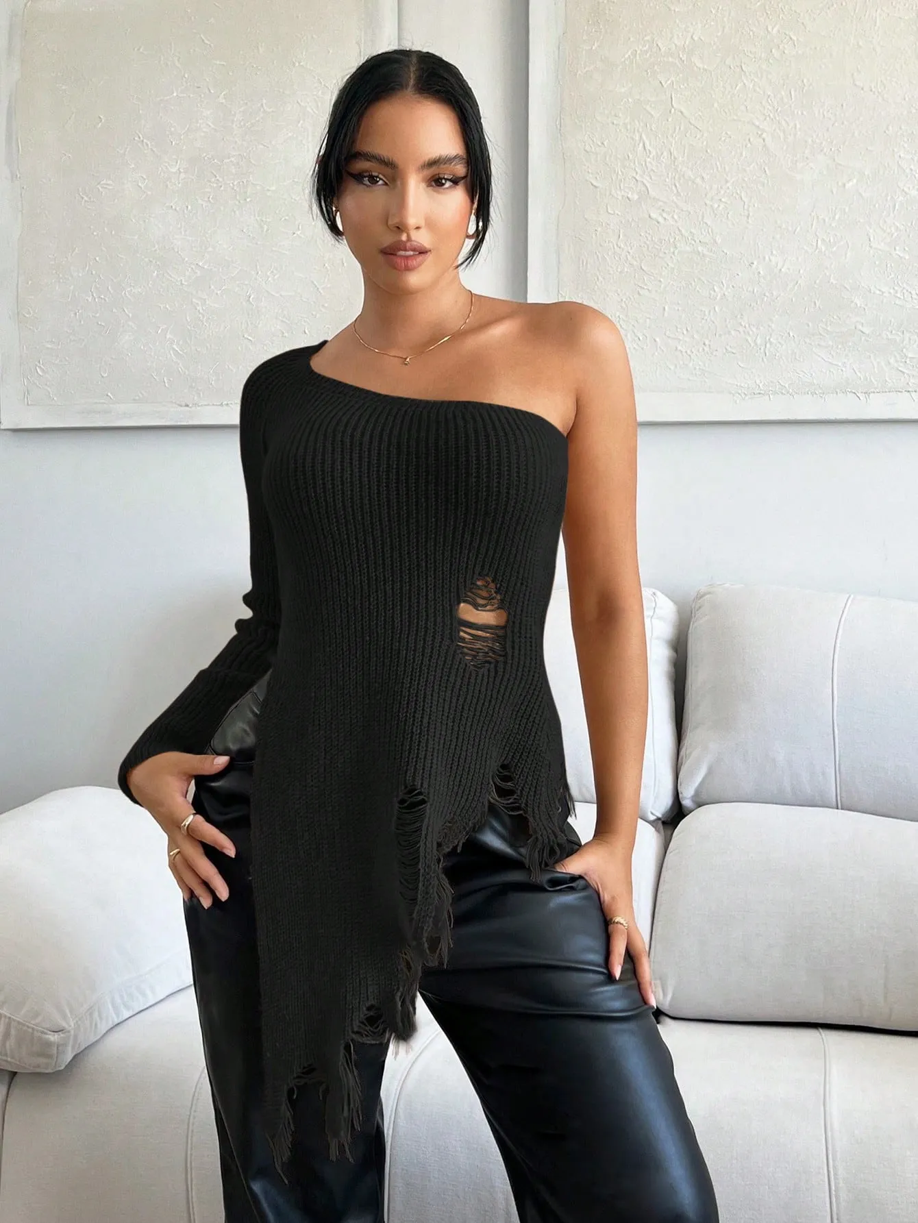 One Shoulder Ripped Asymmetrical Sweater