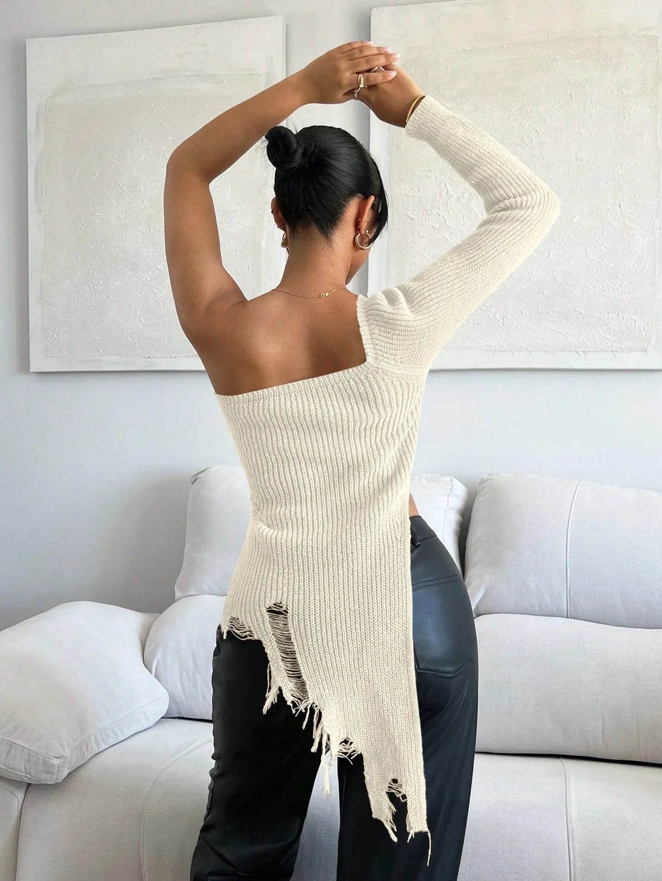 One Shoulder Ripped Asymmetrical Sweater