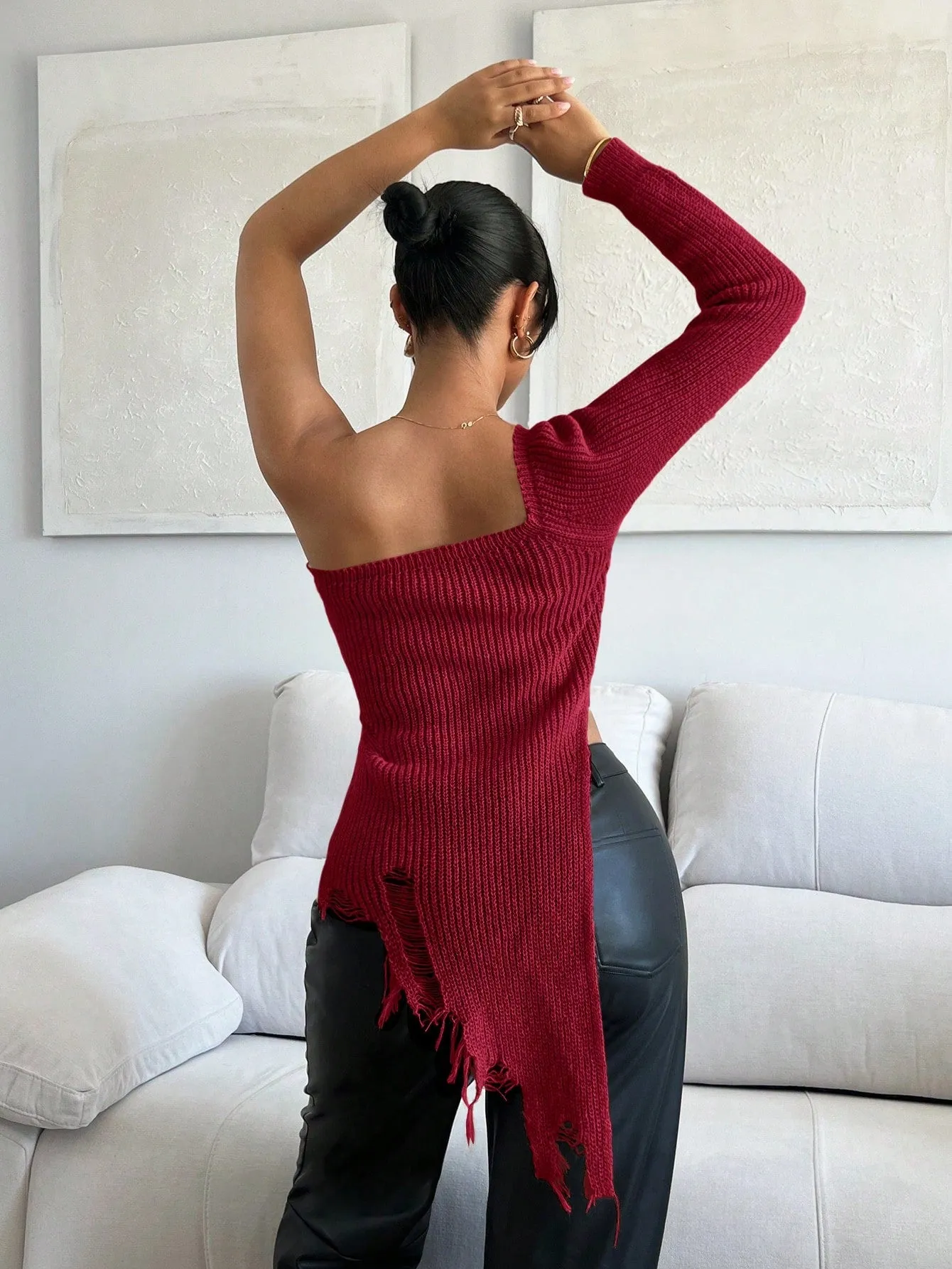 One Shoulder Ripped Asymmetrical Sweater