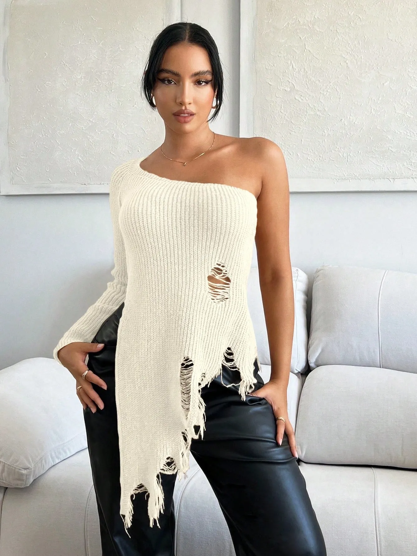 One Shoulder Ripped Asymmetrical Sweater