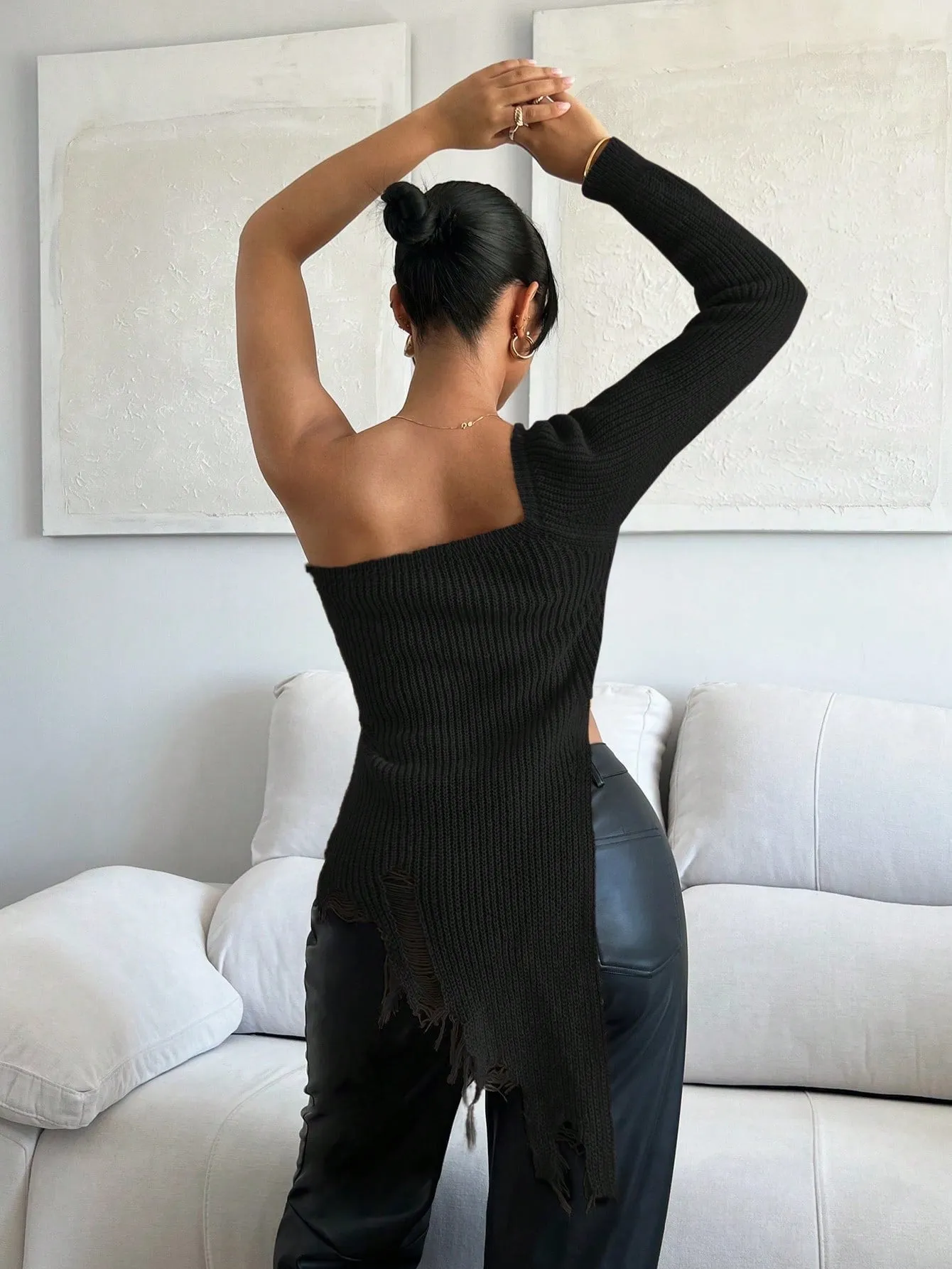 One Shoulder Ripped Asymmetrical Sweater