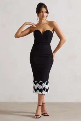 Ramona | Black Bodycon Sweetheart Midi Dress With Floral Trim