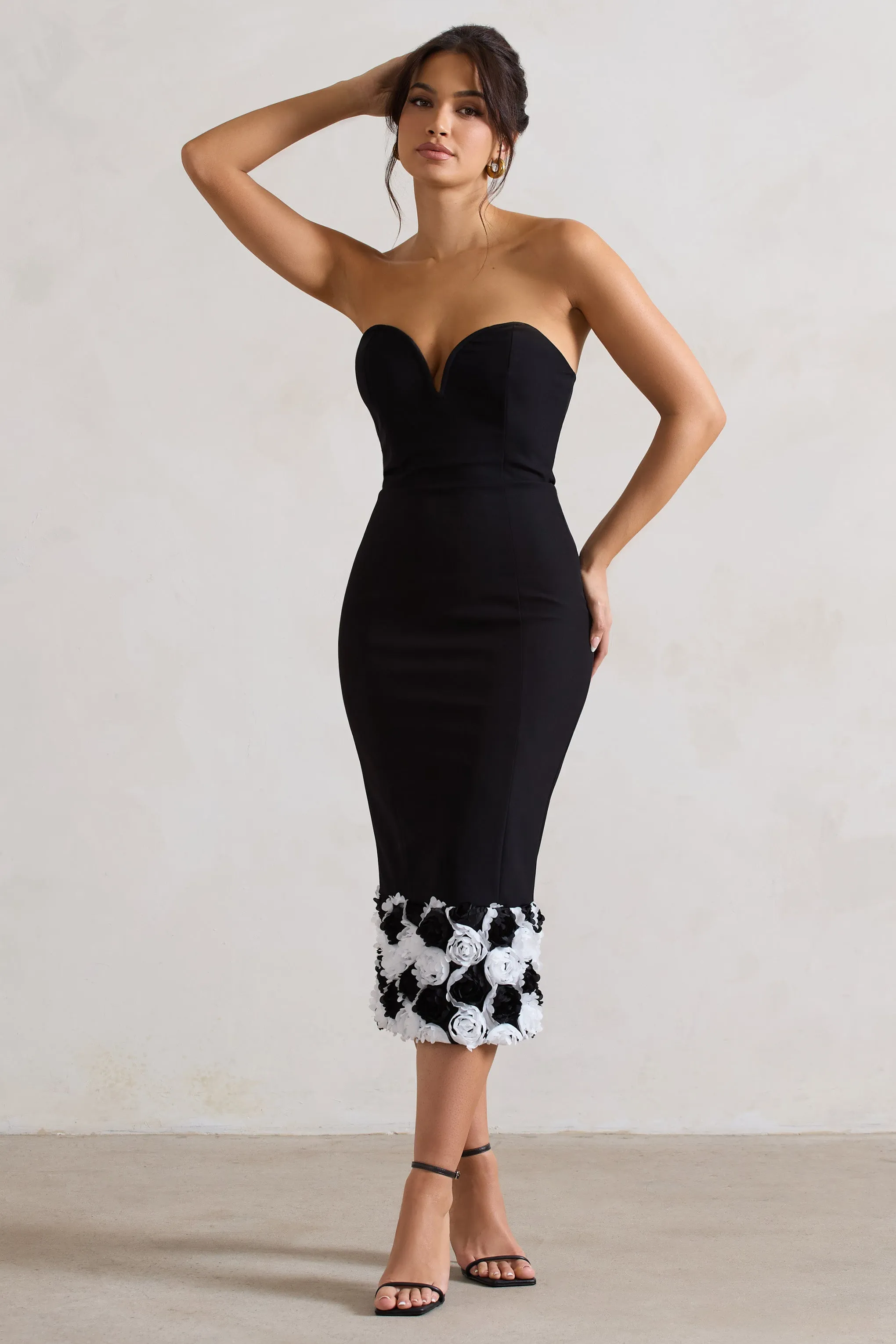 Ramona | Black Bodycon Sweetheart Midi Dress With Floral Trim