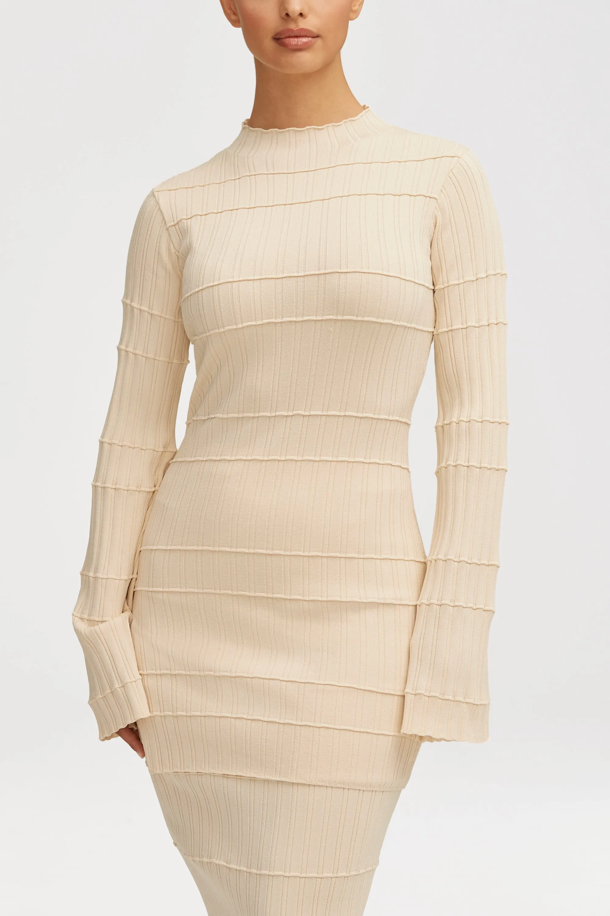 Rania Ribbed Knit Split Hem Top - Beige