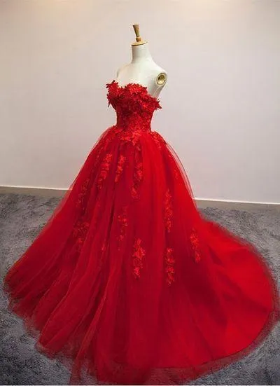 Red Ball Gown Tulle Strapless Generous Floral Fashion Quinceanera Prom Dresses